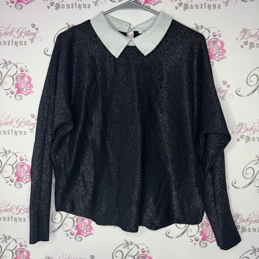 Sioni Milano top long sleeve collar sparkly black silver new with tags shimmer
